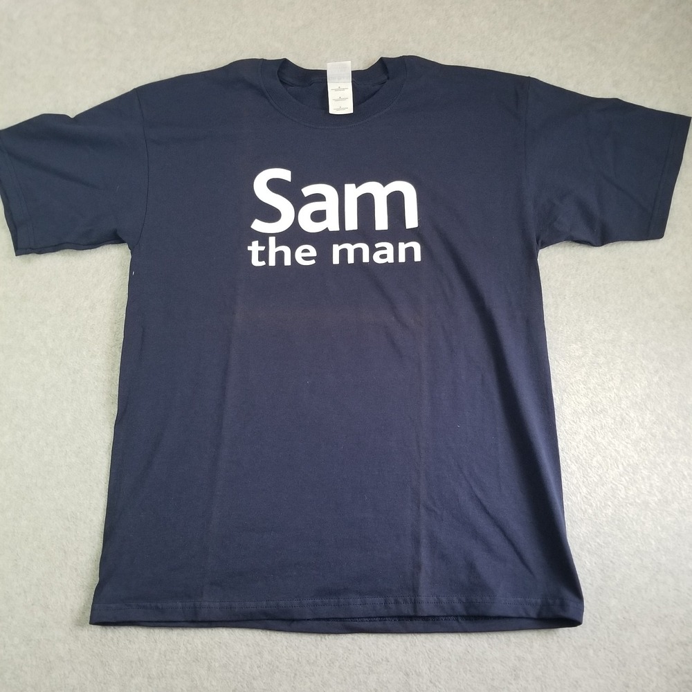 VTG Sam The Man Shirt Mens Large Navy Blue Tee Streetwear Funny Cotton Y2K